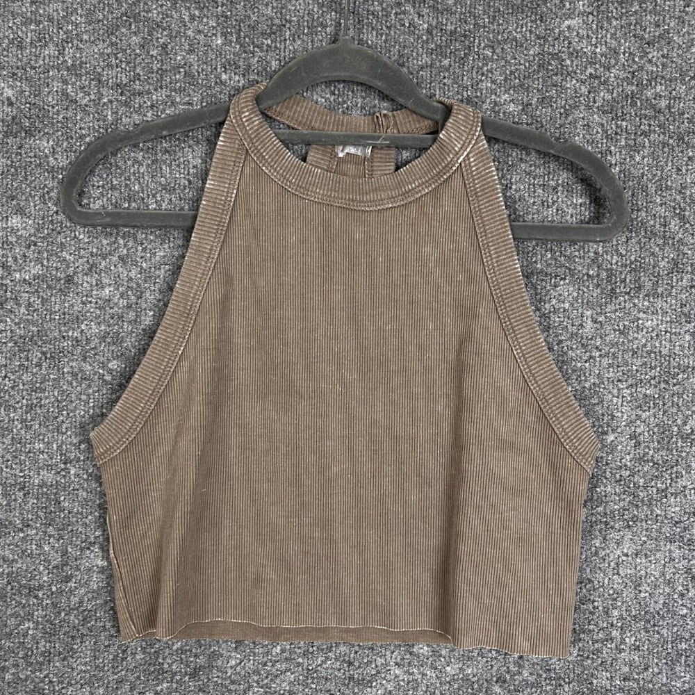 Free People Movement Crop Tank Top Womens S Brown Ribbed Halter Neck